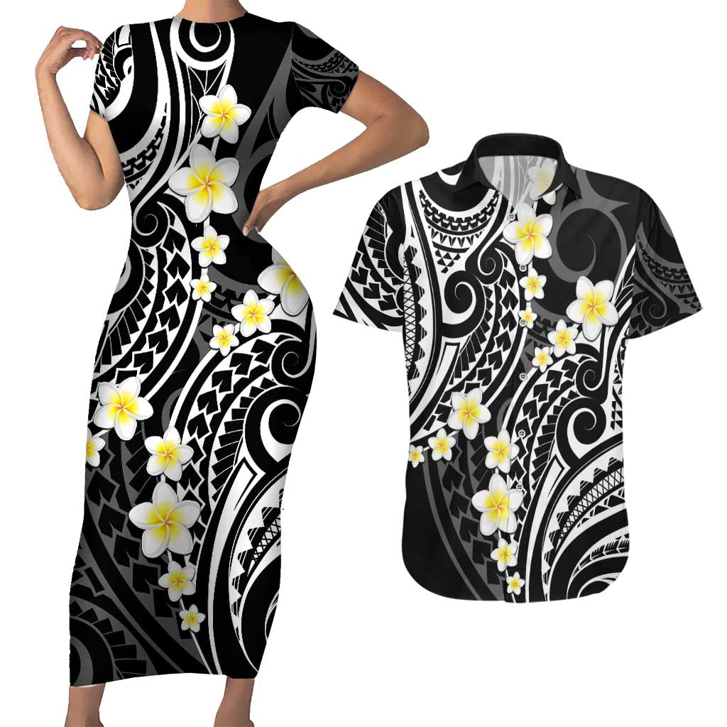 Plumeria With Black Polynesian Tattoo Pattern Couples Matching Short Sleeve Bodycon Dress and Hawaiian Shirt