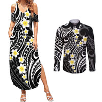 Plumeria With Black Polynesian Tattoo Pattern Couples Matching Summer Maxi Dress and Long Sleeve Button Shirt