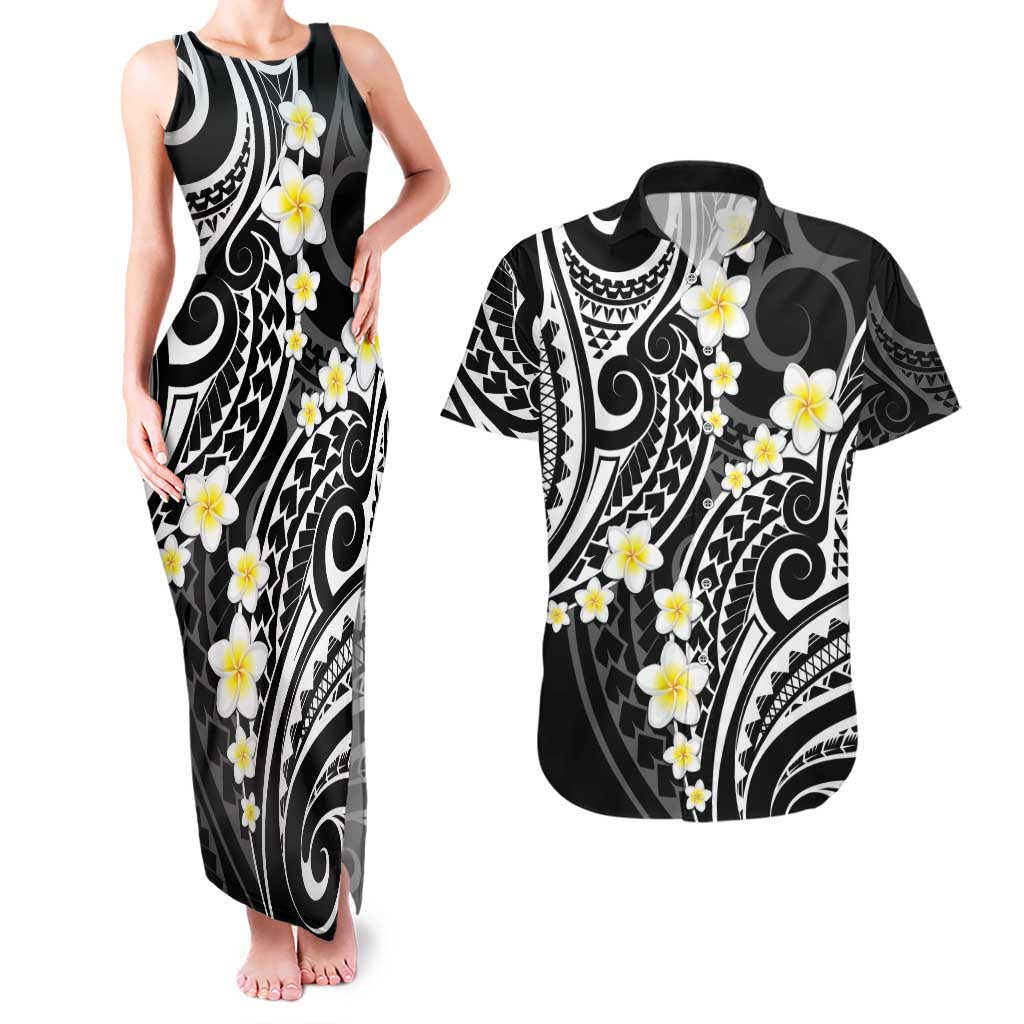 Plumeria With Black Polynesian Tattoo Pattern Couples Matching Tank Maxi Dress and Hawaiian Shirt