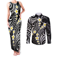 Plumeria With Black Polynesian Tattoo Pattern Couples Matching Tank Maxi Dress and Long Sleeve Button Shirt