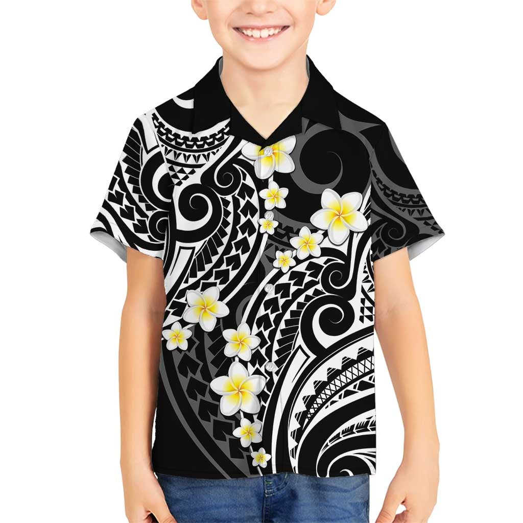 Plumeria With Black Polynesian Tattoo Pattern Family Matching Long Sleeve Bodycon Dress and Hawaiian Shirt