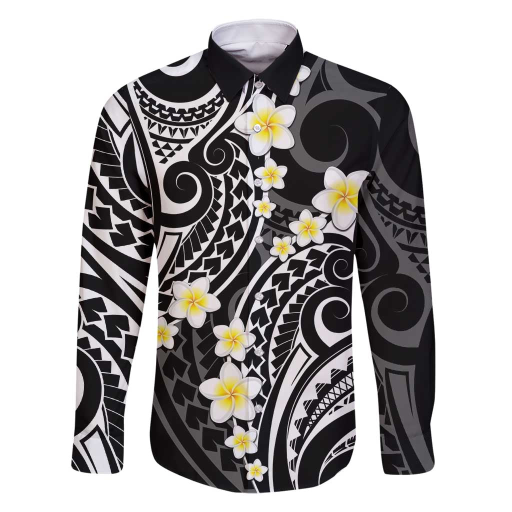 Plumeria With Black Polynesian Tattoo Pattern Family Matching Summer Maxi Dress and Hawaiian Shirt