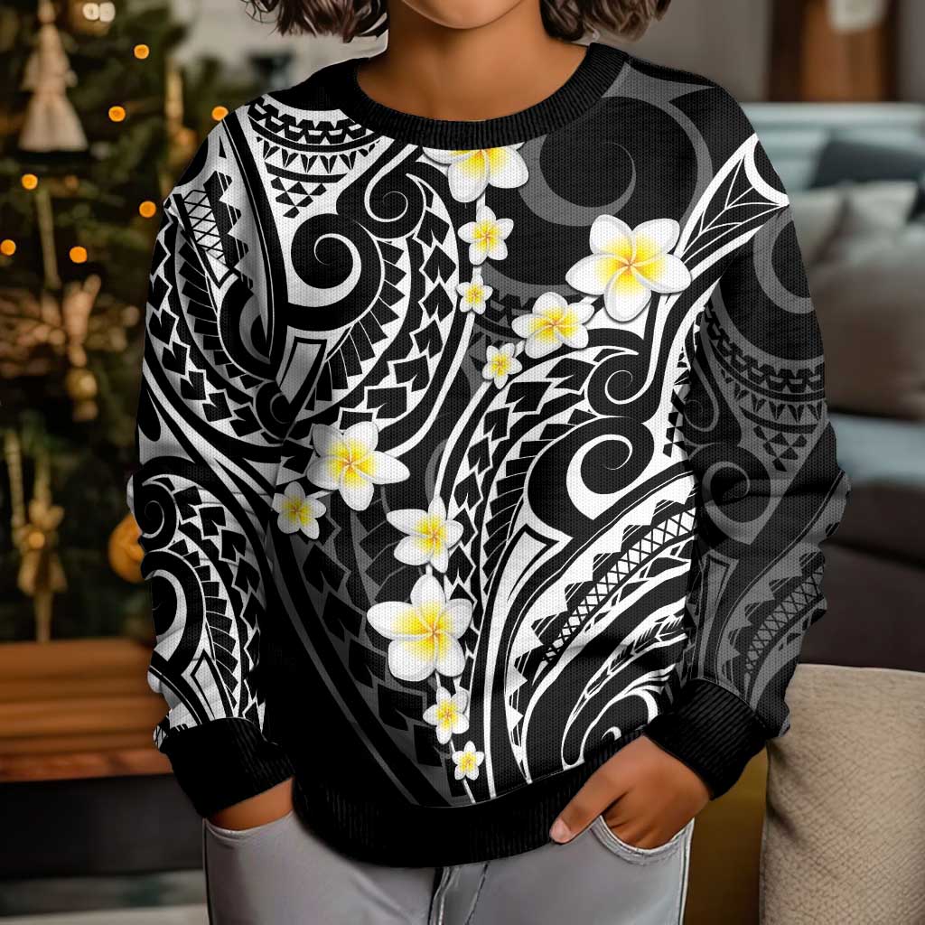 Plumeria With Black Polynesian Tattoo Pattern Kid Ugly Christmas Sweater
