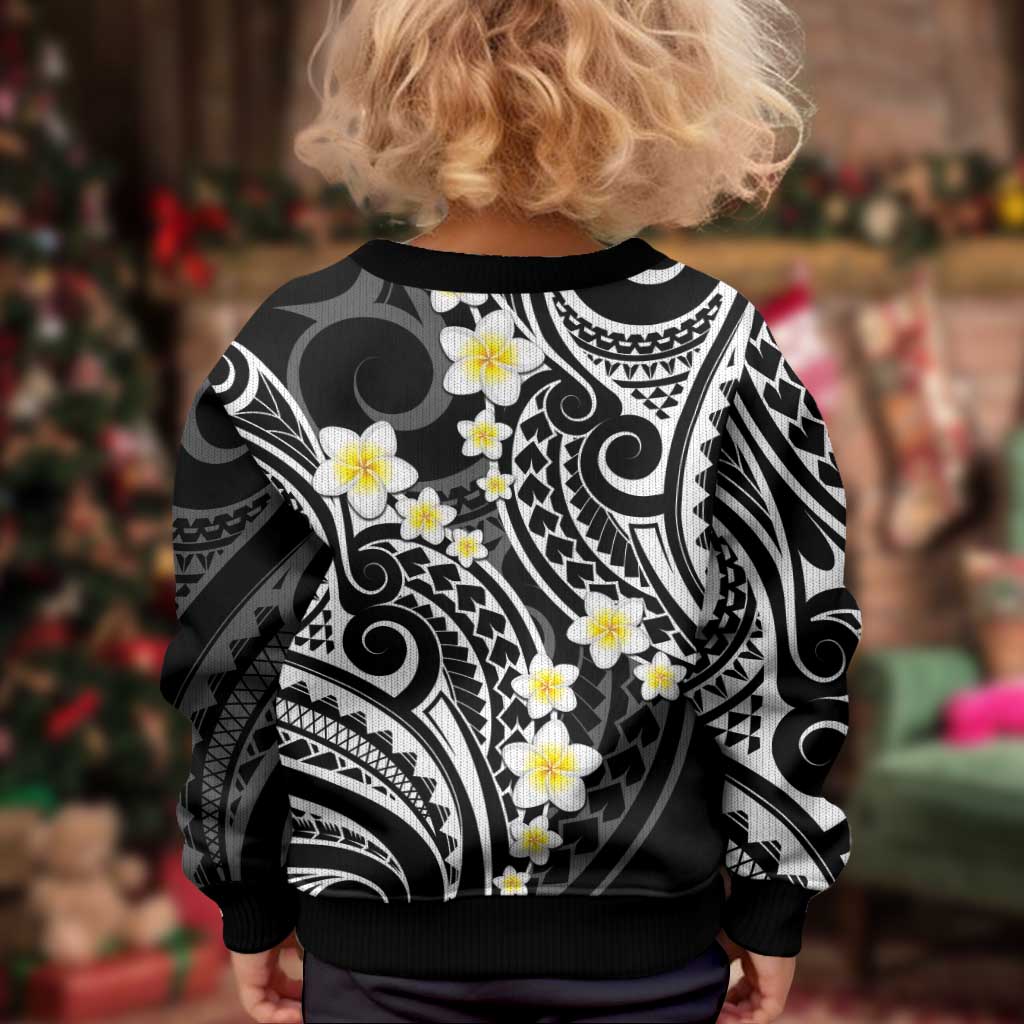 Plumeria With Black Polynesian Tattoo Pattern Kid Ugly Christmas Sweater