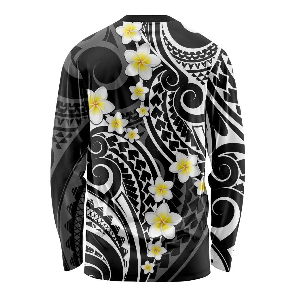 Plumeria With Black Polynesian Tattoo Pattern Long Sleeve Shirt