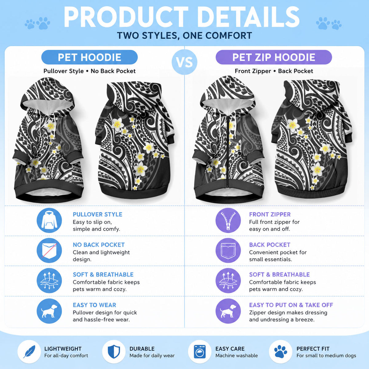 Plumeria With Black Polynesian Tattoo Pattern Pet Hoodie