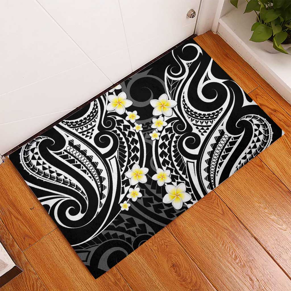Plumeria With Black Polynesian Tattoo Pattern Rubber Doormat