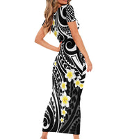 Plumeria With Black Polynesian Tattoo Pattern Short Sleeve Bodycon Dress LT05 - Polynesian Pride
