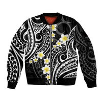 Plumeria With Black Polynesian Tattoo Pattern Sleeve Zip Bomber Jacket LT05 Unisex Black - Polynesian Pride