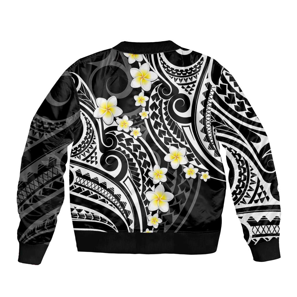 Plumeria With Black Polynesian Tattoo Pattern Sleeve Zip Bomber Jacket LT05 - Polynesian Pride
