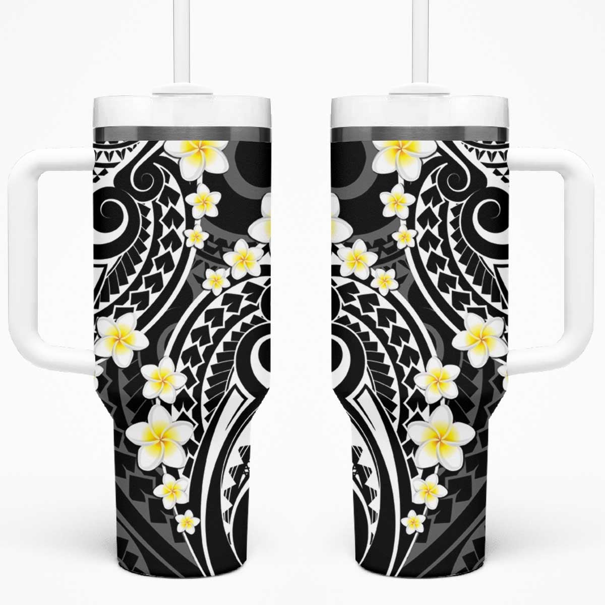 Plumeria With Black Polynesian Tattoo Pattern Tumbler With Handle