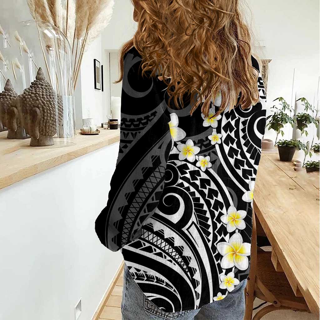 Plumeria With Black Polynesian Tattoo Pattern Women Casual Shirt LT05 - Polynesian Pride