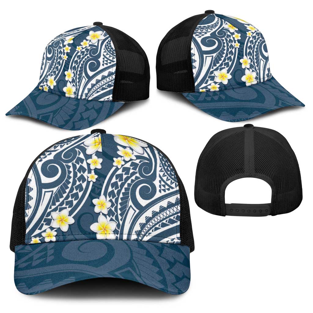 Plumeria With Blue Polynesian Tattoo Pattern Baseball Net Cap - Polynesian Pride