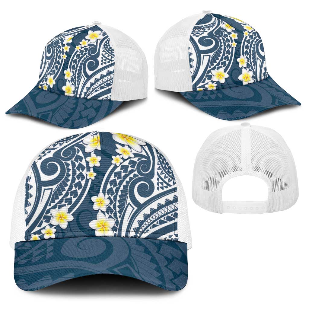Plumeria With Blue Polynesian Tattoo Pattern Baseball Net Cap - Polynesian Pride