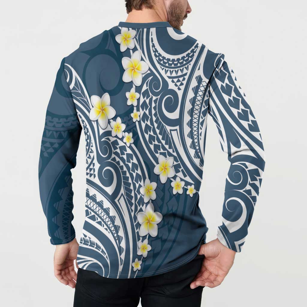 Plumeria With Blue Polynesian Tattoo Pattern Button Sweatshirt