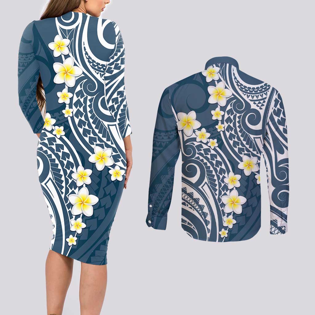 Plumeria With Blue Polynesian Tattoo Pattern Couples Matching Long Sleeve Bodycon Dress and Long Sleeve Button Shirt