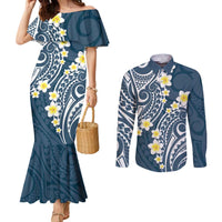 Plumeria With Blue Polynesian Tattoo Pattern Couples Matching Mermaid Dress and Long Sleeve Button Shirt