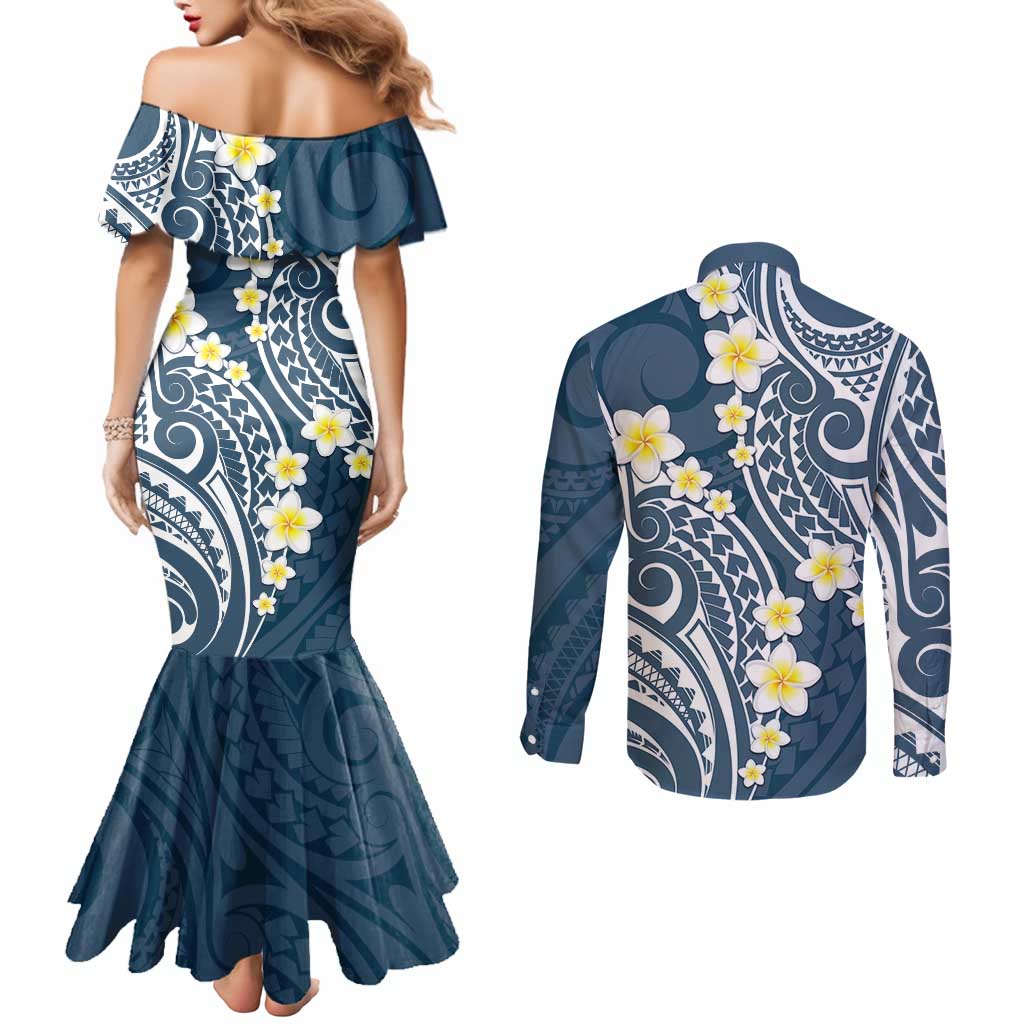 Plumeria With Blue Polynesian Tattoo Pattern Couples Matching Mermaid Dress and Long Sleeve Button Shirt