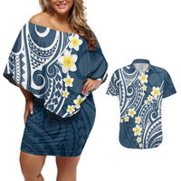 Plumeria With Blue Polynesian Tattoo Pattern Couples Matching Off Shoulder Short Dress and Hawaiian Shirt