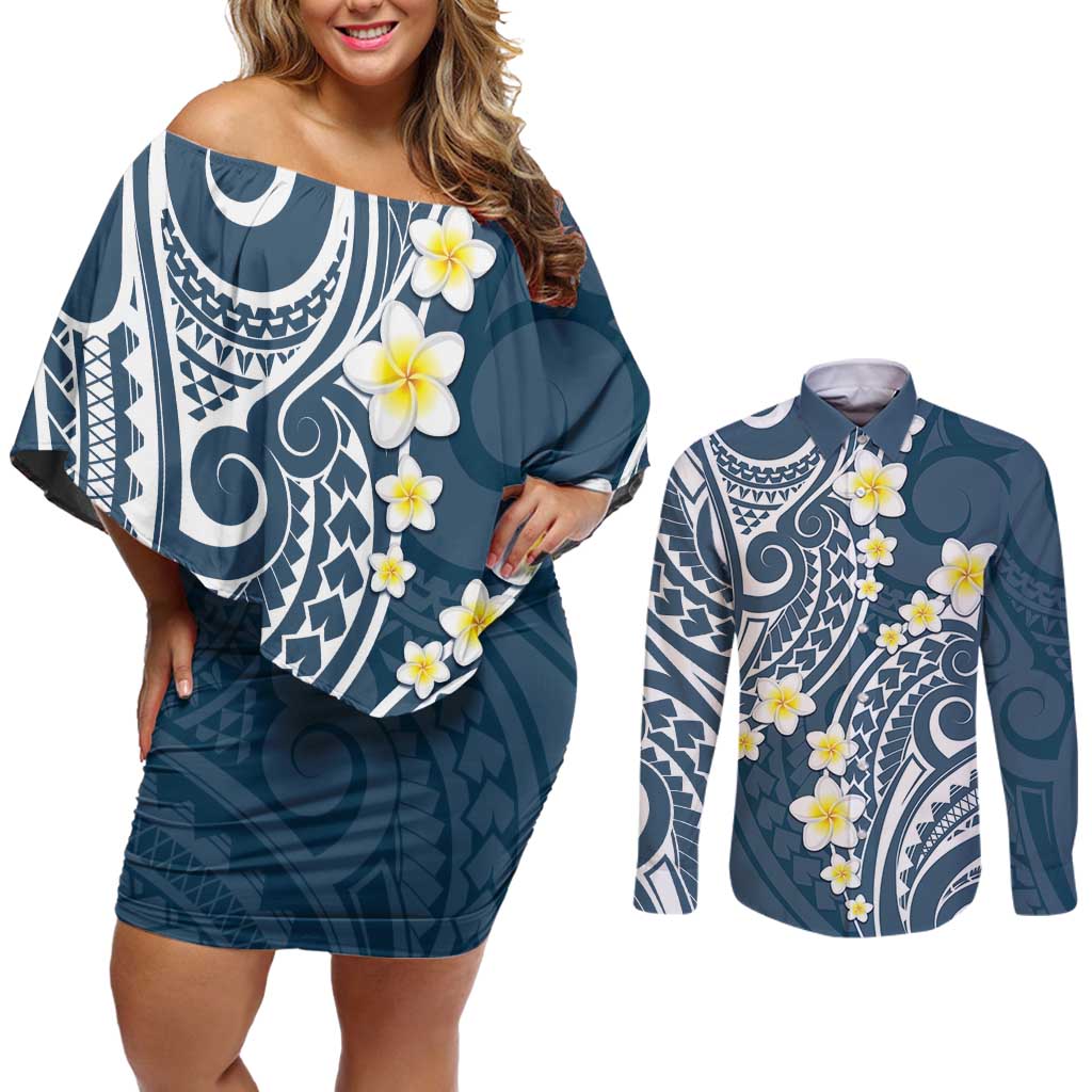 Plumeria With Blue Polynesian Tattoo Pattern Couples Matching Off Shoulder Short Dress and Long Sleeve Button Shirt