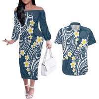 Plumeria With Blue Polynesian Tattoo Pattern Couples Matching Off The Shoulder Long Sleeve Dress and Hawaiian Shirt
