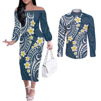 Plumeria With Blue Polynesian Tattoo Pattern Couples Matching Off The Shoulder Long Sleeve Dress and Long Sleeve Button Shirt