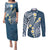 Plumeria With Blue Polynesian Tattoo Pattern Couples Matching Puletasi and Long Sleeve Button Shirt