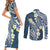 Plumeria With Blue Polynesian Tattoo Pattern Couples Matching Short Sleeve Bodycon Dress and Long Sleeve Button Shirt