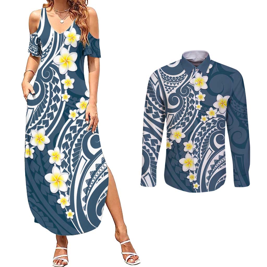 Plumeria With Blue Polynesian Tattoo Pattern Couples Matching Summer Maxi Dress and Long Sleeve Button Shirt