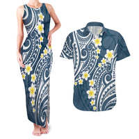 Plumeria With Blue Polynesian Tattoo Pattern Couples Matching Tank Maxi Dress and Hawaiian Shirt