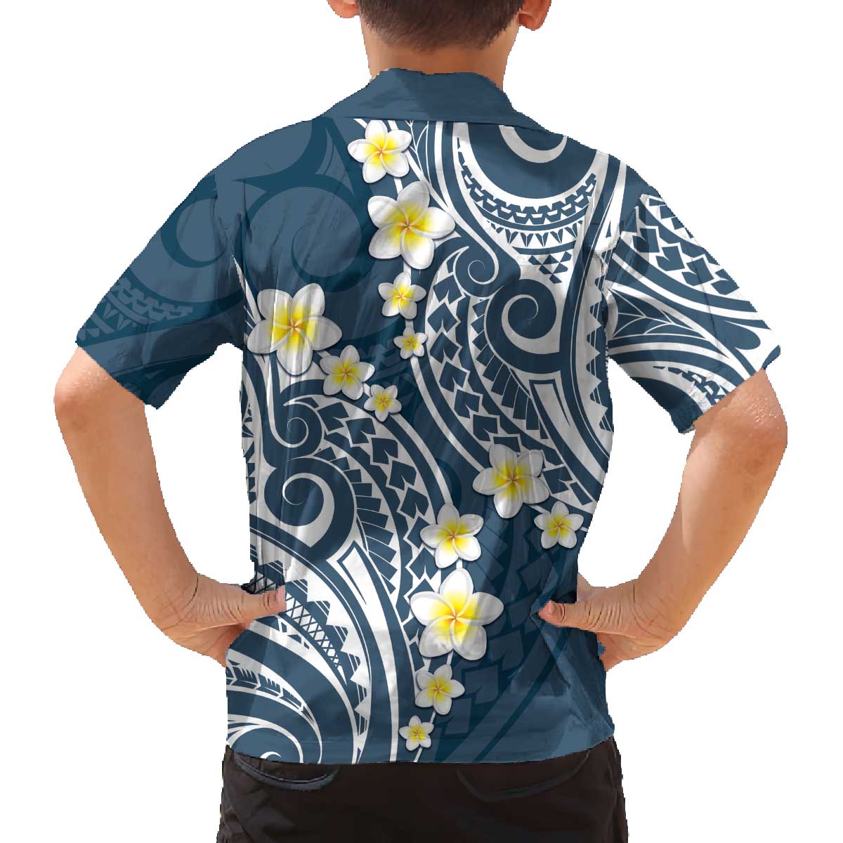 Plumeria With Blue Polynesian Tattoo Pattern Family Matching Off The Shoulder Long Sleeve Dress and Hawaiian Shirt