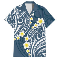 Plumeria With Blue Polynesian Tattoo Pattern Family Matching Off The Shoulder Long Sleeve Dress and Hawaiian Shirt