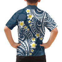 Plumeria With Blue Polynesian Tattoo Pattern Family Matching Off Shoulder Short Dress and Hawaiian Shirt