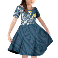 Plumeria With Blue Polynesian Tattoo Pattern Family Matching Off Shoulder Short Dress and Hawaiian Shirt