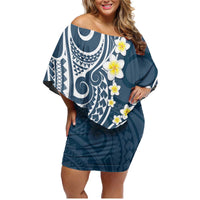 Plumeria With Blue Polynesian Tattoo Pattern Family Matching Off Shoulder Short Dress and Hawaiian Shirt