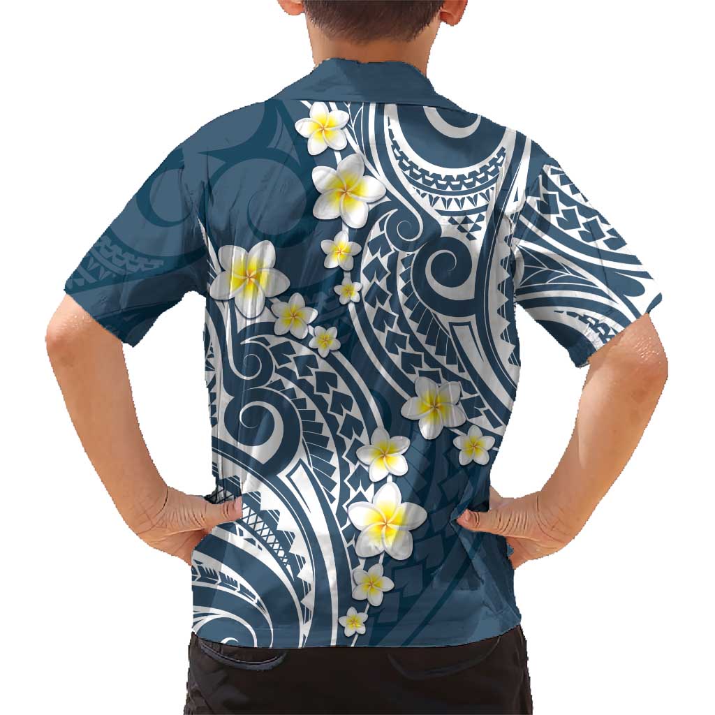 Plumeria With Blue Polynesian Tattoo Pattern Family Matching Short Sleeve Bodycon Dress and Hawaiian Shirt