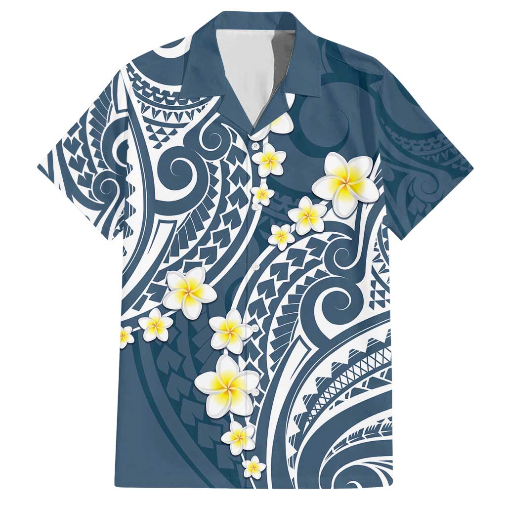 Plumeria With Blue Polynesian Tattoo Pattern Family Matching Short Sleeve Bodycon Dress and Hawaiian Shirt