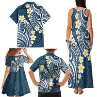 Plumeria With Blue Polynesian Tattoo Pattern Family Matching Tank Maxi Dress and Hawaiian Shirt