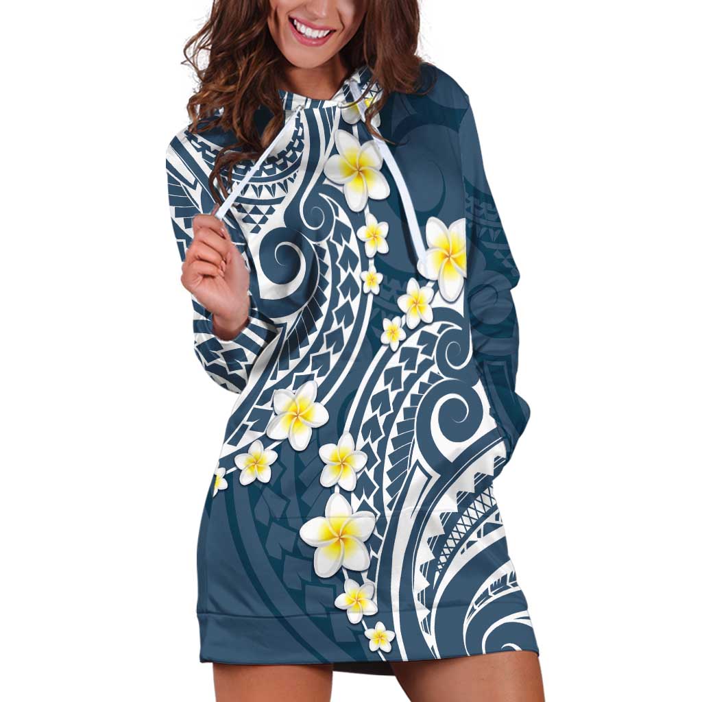 Plumeria With Blue Polynesian Tattoo Pattern Hoodie Dress