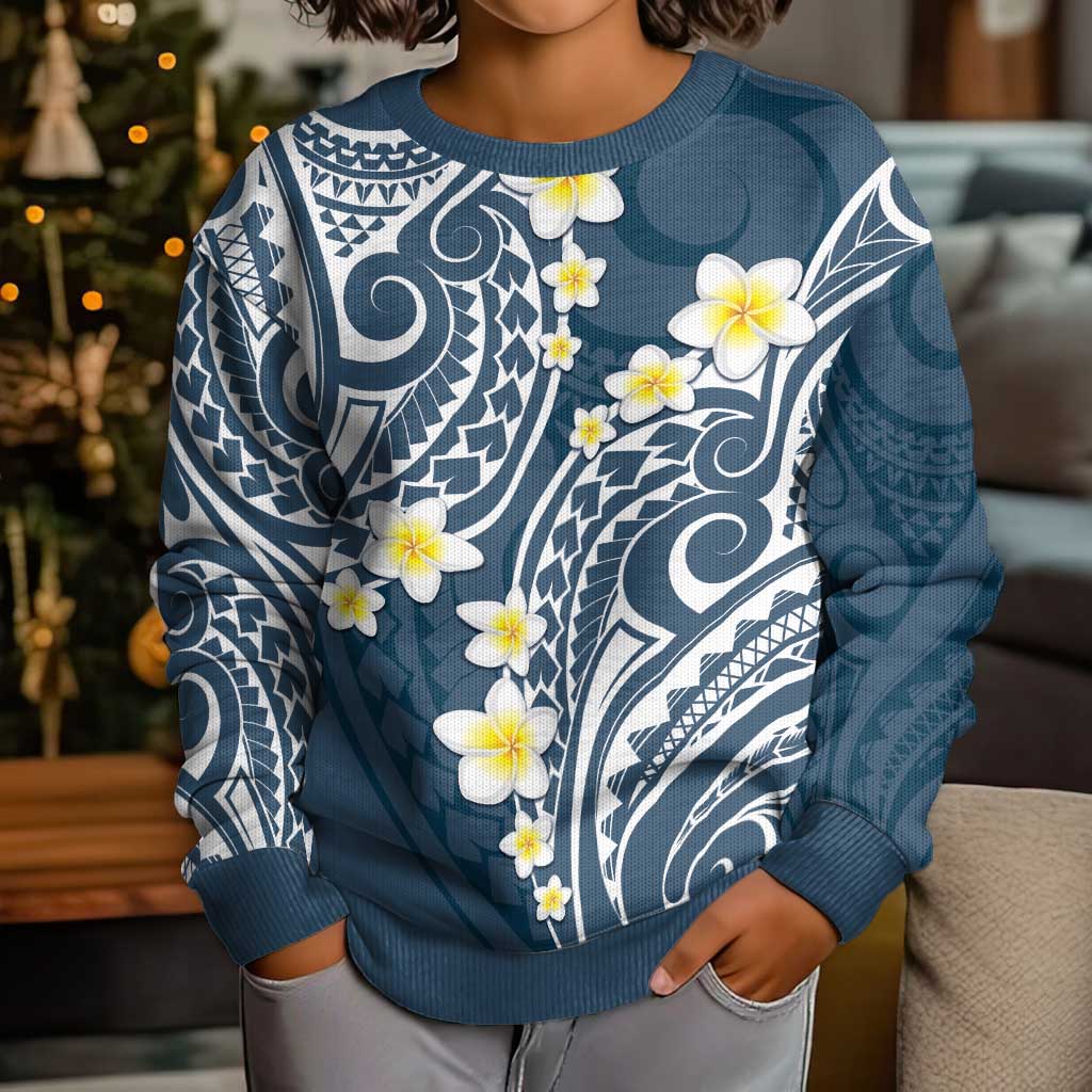 Plumeria With Blue Polynesian Tattoo Pattern Kid Ugly Christmas Sweater