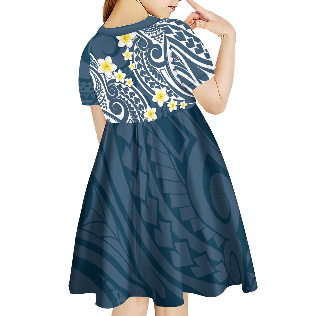 Plumeria With Blue Polynesian Tattoo Pattern Kid Short Sleeve Dress