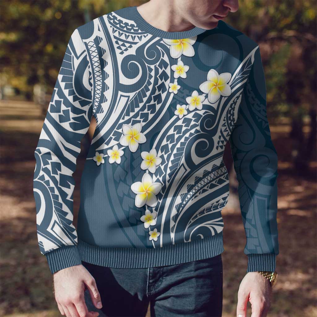 Plumeria With Blue Polynesian Tattoo Pattern Ugly Christmas Sweater