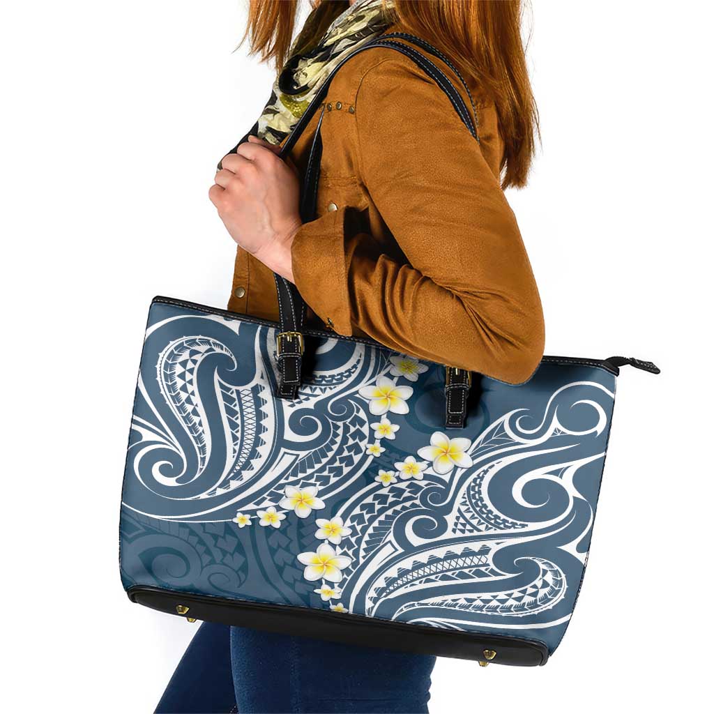 Plumeria With Blue Polynesian Tattoo Pattern Leather Tote Bag