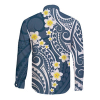 Plumeria With Blue Polynesian Tattoo Pattern Long Sleeve Button Shirt