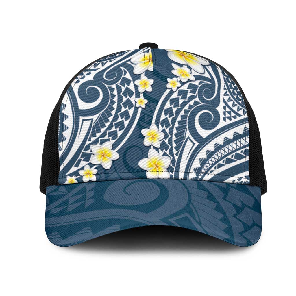 Plumeria With Blue Polynesian Tattoo Pattern Mesh Trucker Cap - Polynesian Pride