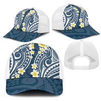 Plumeria With Blue Polynesian Tattoo Pattern Mesh Trucker Cap - Polynesian Pride