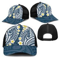Plumeria With Blue Polynesian Tattoo Pattern Mesh Trucker Cap - Polynesian Pride