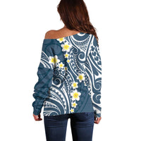 Plumeria With Blue Polynesian Tattoo Pattern Off Shoulder Sweater