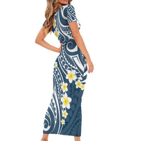Plumeria With Blue Polynesian Tattoo Pattern Short Sleeve Bodycon Dress LT05 - Polynesian Pride