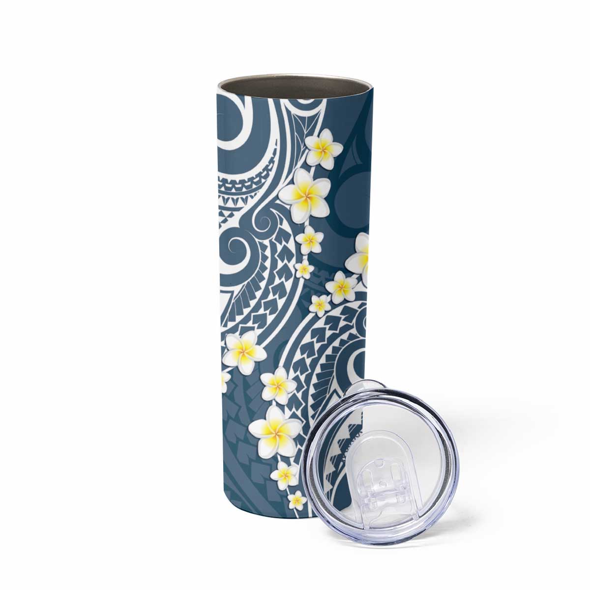Plumeria With Blue Polynesian Tattoo Pattern Skinny Tumbler